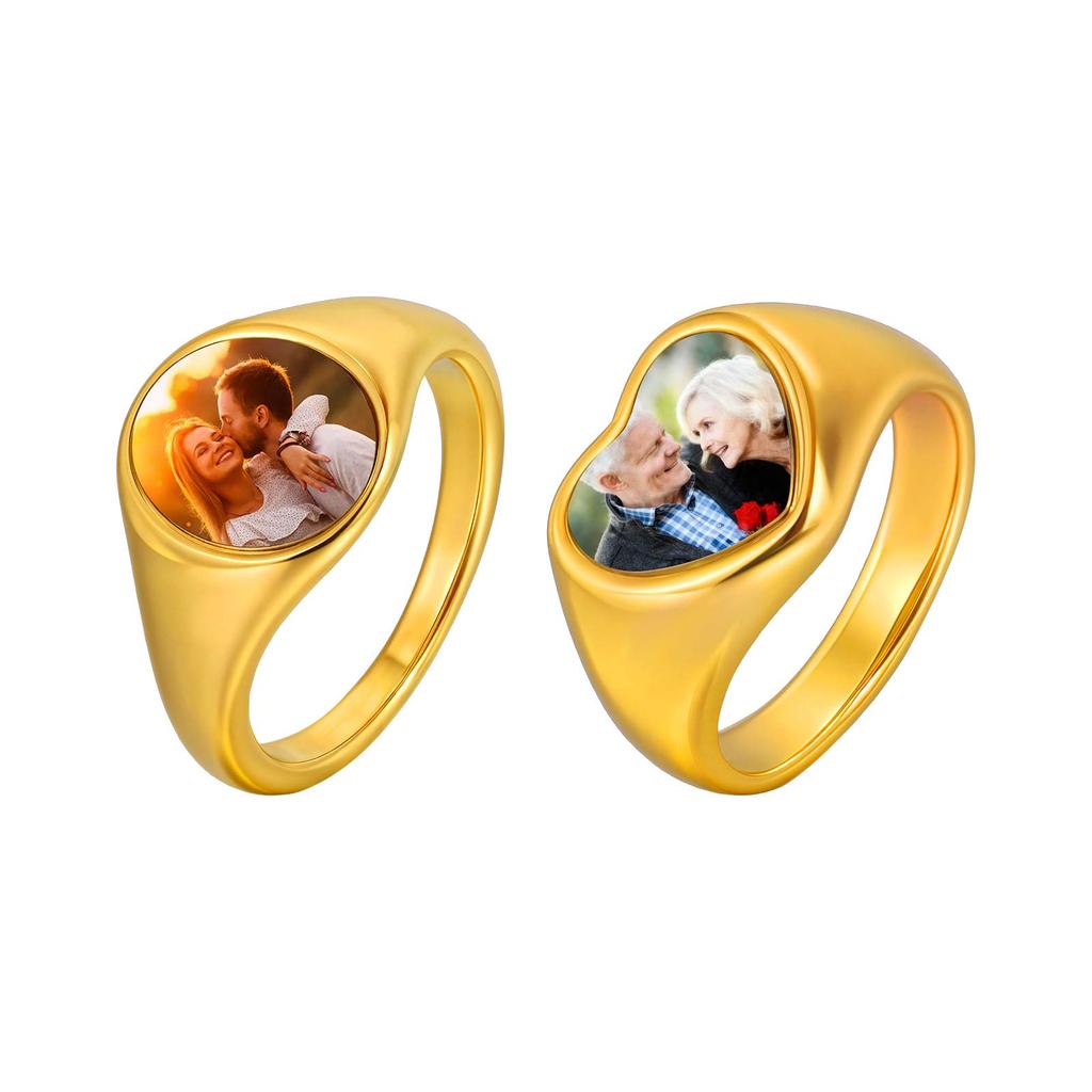 Stainless Steel Custom Photo Ring Gold Plated Heart Round Personalized Ring, Customized Memorial Jewelry for Women Mother Couple