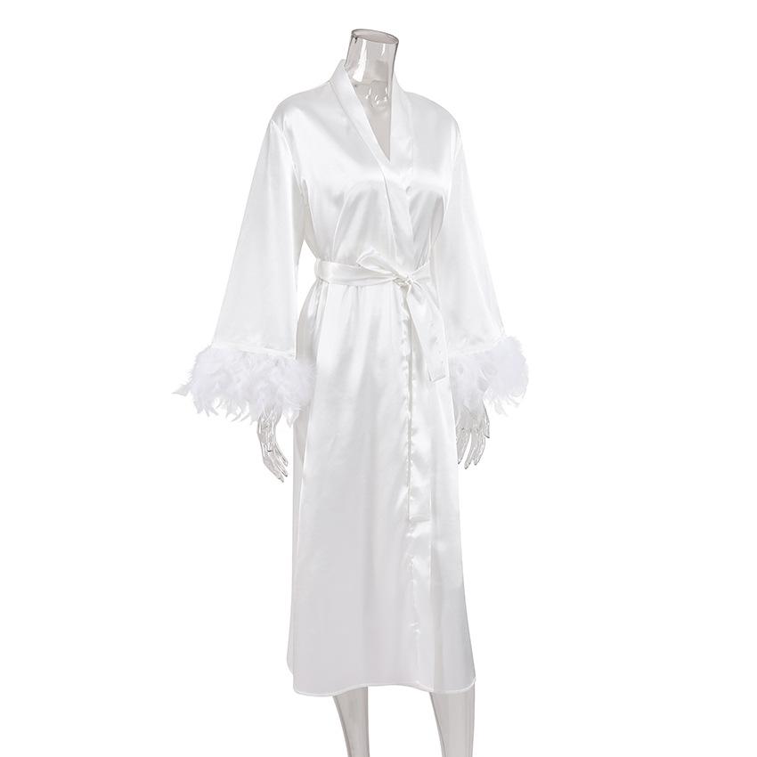 Spring Women's Nightgown Cardigan Feather Satin Robe Loose Long European American Bathrobe Ladies Home Wear