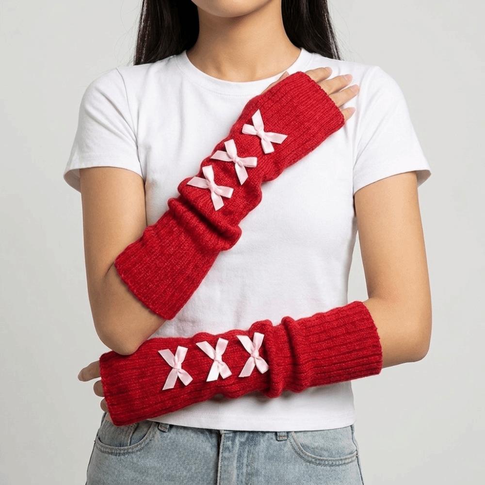 Slouchy Bow Knitted Arm Warmers Long Wrist Cuffs JK Style Sleeve Covers Street