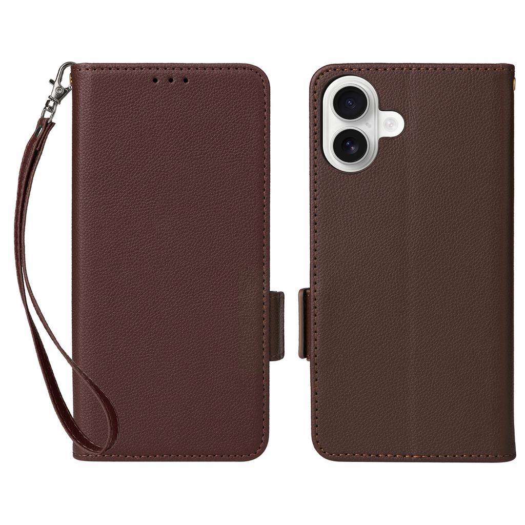 For iPhone 16 Plus Case with Wrist Strap Litchi Texture PU Leather Wallet Phone Cover