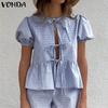 Women Summer Puff Sleeve Plaid Print Front Bow Knot Ruffled T-shirts Tops