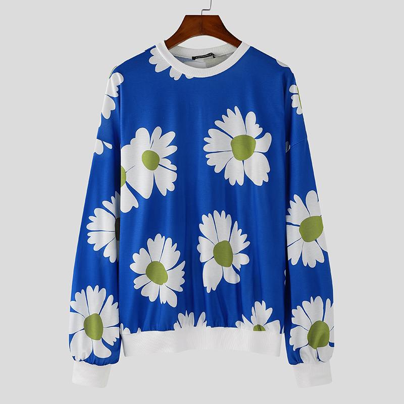 INCERUN Мужские весенние тонкие толстовки с длинным рукавом и круглым вырезом в стиле пэчворк с цветочным принтом