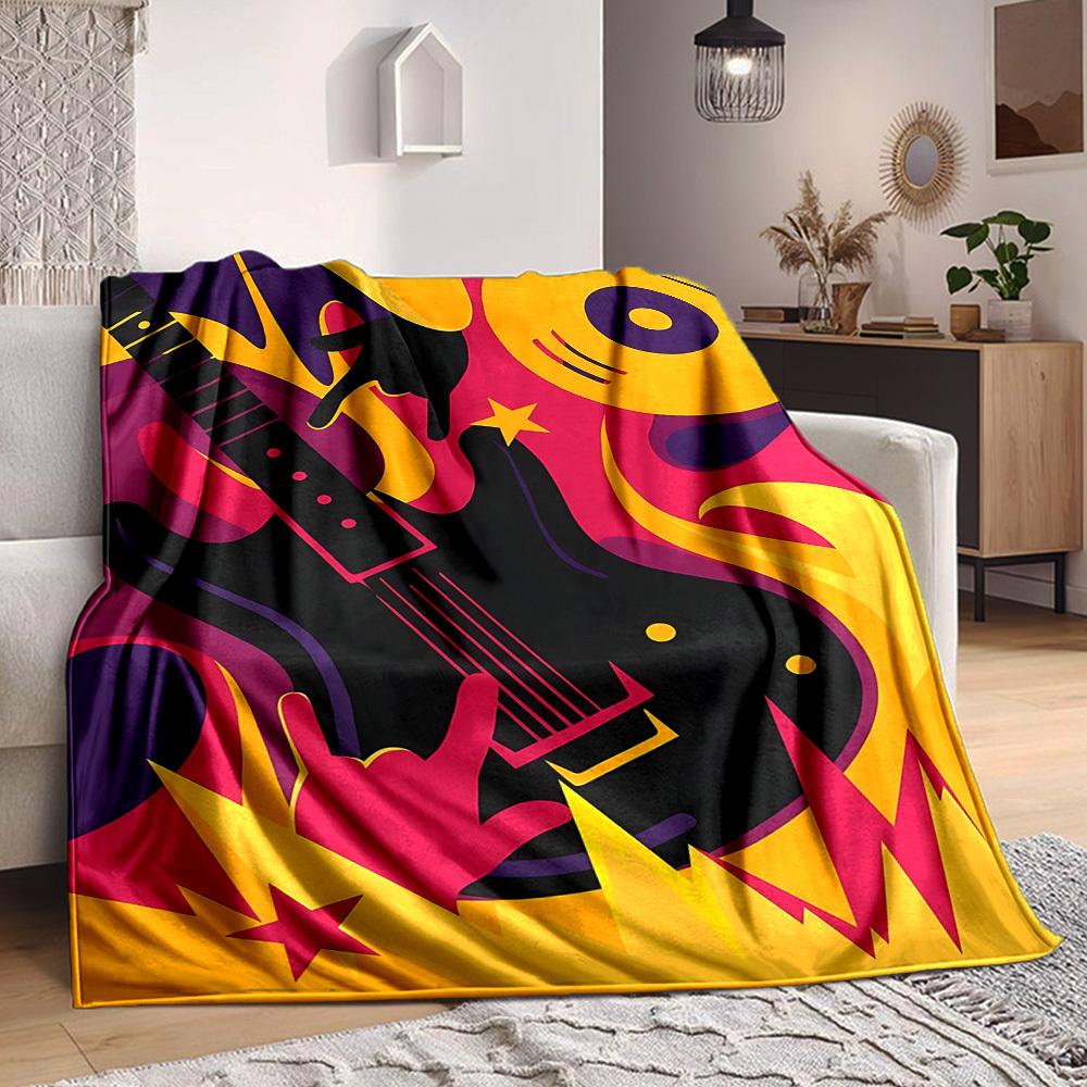 1pc Guitar Music Print Blanket - Lightweight Flannel Throw Blanket For Sofa, Bed, Living Room, Office, Outdoor Travel, Camping, Soft All-Season074