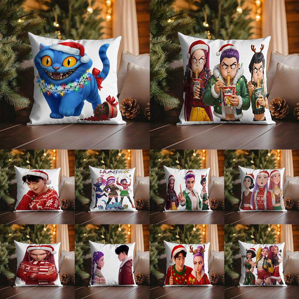 KPop Demon Hunters Blue Cat wearing Christmas Hat with Colorful Lights Christmas Pillowcase fashion Home Decoration