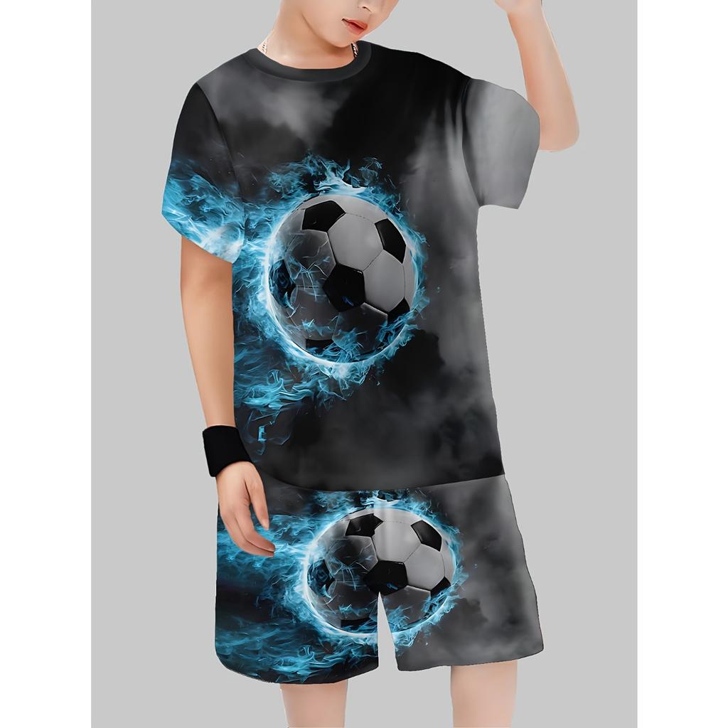 Boys' 3D Soccer Ball Print Casual Outfit - Short Sleeve T-Shirt & Shorts Set, Lightweight Polyester, Black & Blue Design