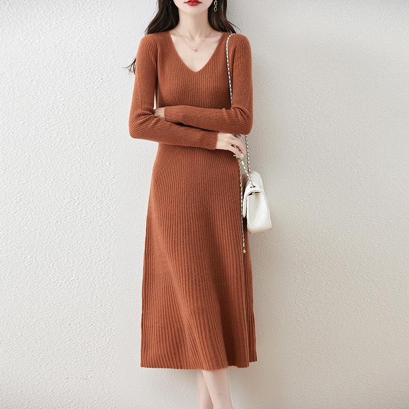 Женское платье-свитер 100% шерсть MODERN NEW SAGA V-образный вырез трикотажный длинный пуловер зимние джемперы шерстяное длинное платье женское