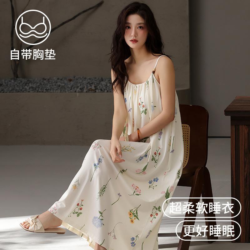 Modal nightdress women's summer new cool ice silk suspender sexy nightdress with chest pad pajamas loungewear summer