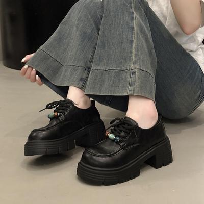 Маленькие кожаные туфли в британском стиле женские осень 2025 новые японские jk с круглым носком черные на толстой подошве на высоком каблуке лоферы