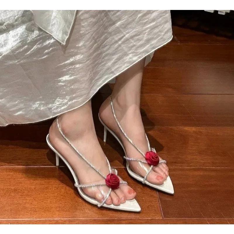 Sexy Slip On Back Strap Sandals Ladies Rose Flowers Narrow Band Open Toe Gladiator High Heels Summer Shoes Women Size 43