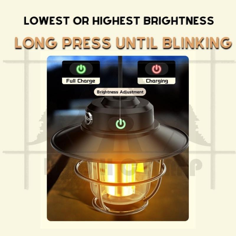 Vintage Lantern Waterproof Camping  Lamp For Outdoor Type-C USB Rechargeable LED 200 Lumens Brightness Adjustable LED