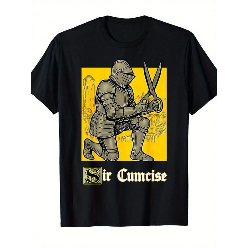 Men's Funny Medieval Knight T-Shirt - Sir Cumcise Pun & Knight & Scissors Graphic, Loose Fit Breathable Black/Yellow Print Retro Humor Tee for