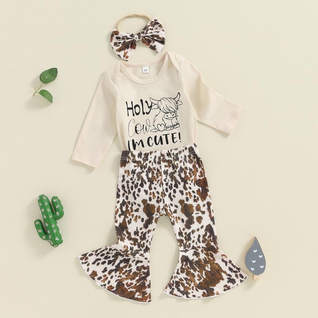 Осенний наряд для девочек, комбинезон с длинными рукавами и принтом коровы, расклешенные брюки и повязка на голову с бантом