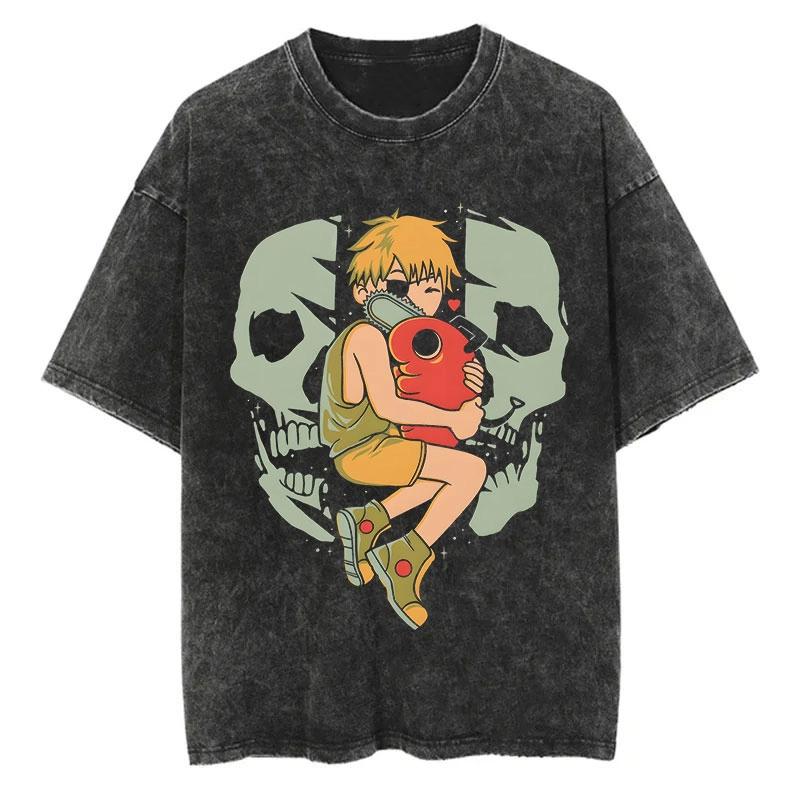 Chainsaw Man Anime Vintage Printed Washed T-shirt Women Men Harajuku Oversize Streetwear Y2K Tops Short Sleeve Tee