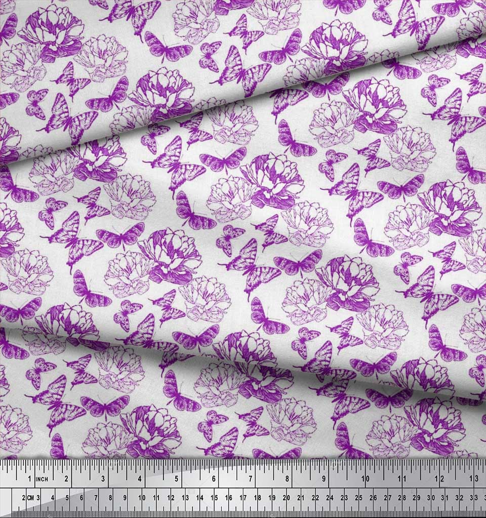 Soimoi Poly Crepe Fabric Butterfly & Peony Floral Printed Craft Fabric by the metre 42 Inch
