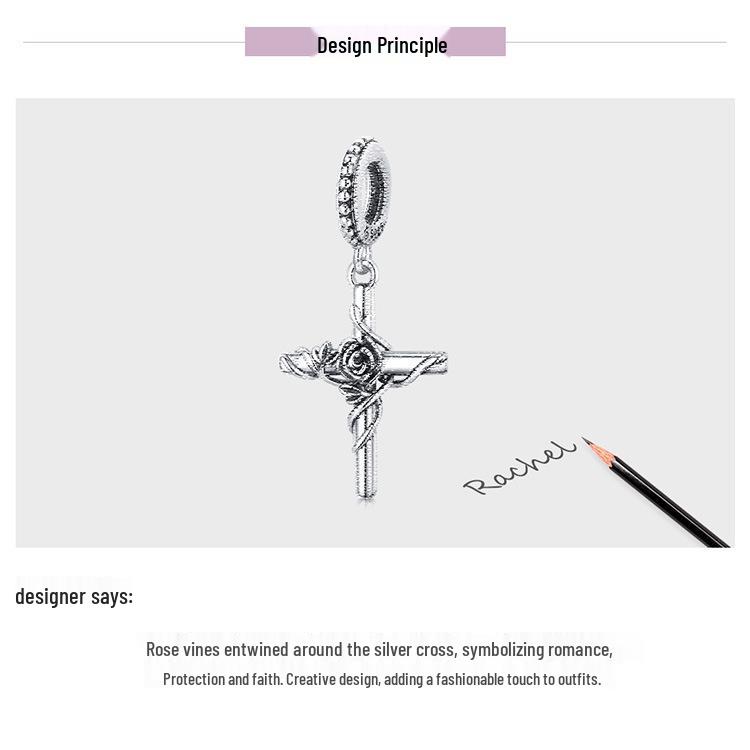 S925 Sterling Silver Rose Cross Pendant Bracelet with European & American Style Flower Beads