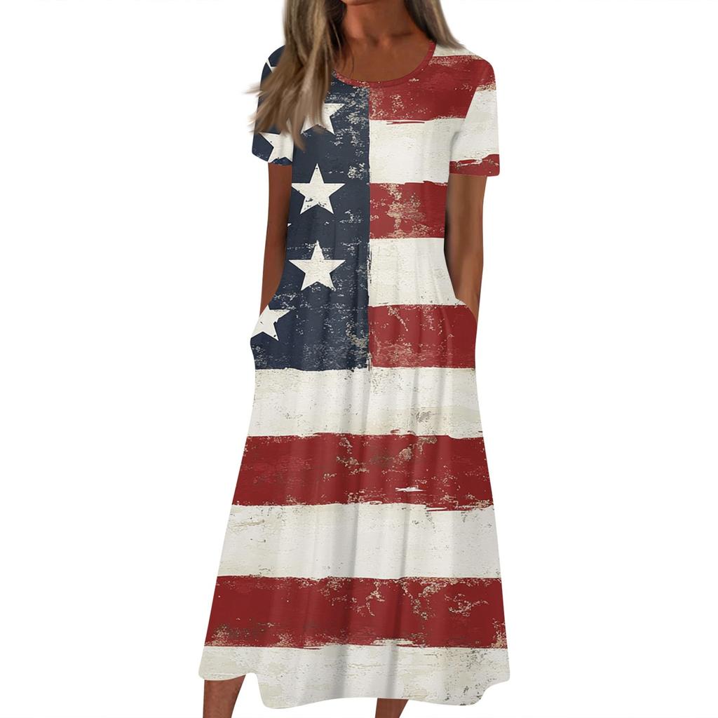 Женское летнее повседневное модное платье с коротким рукавом и карманом на День независимости с коротким рукавом