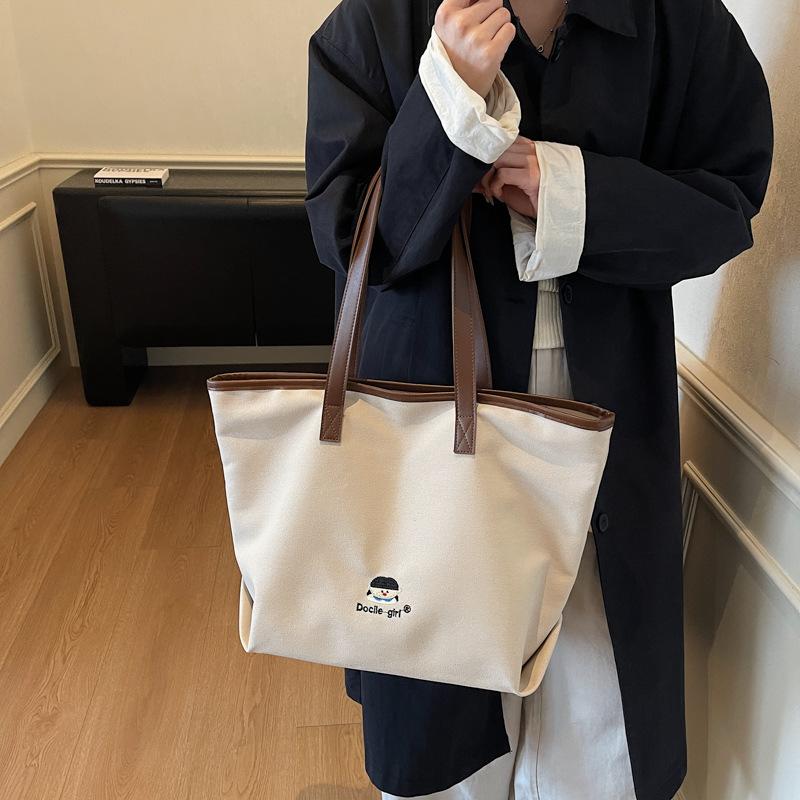 New Fashion Winter Top Handle Bag Large Capacity Canvas Tote Bag with Embroidery Comfortable and Versatile Texture Storage Bags