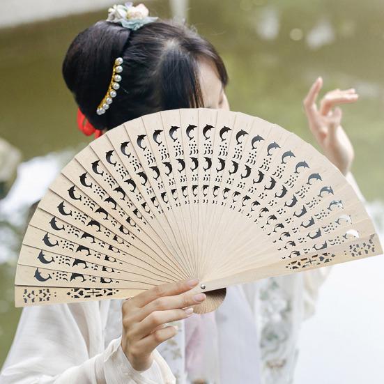 Wooden Folding Fan Chinese Style Hollow Ribs Portable Summer Hand Held Fan Decoration