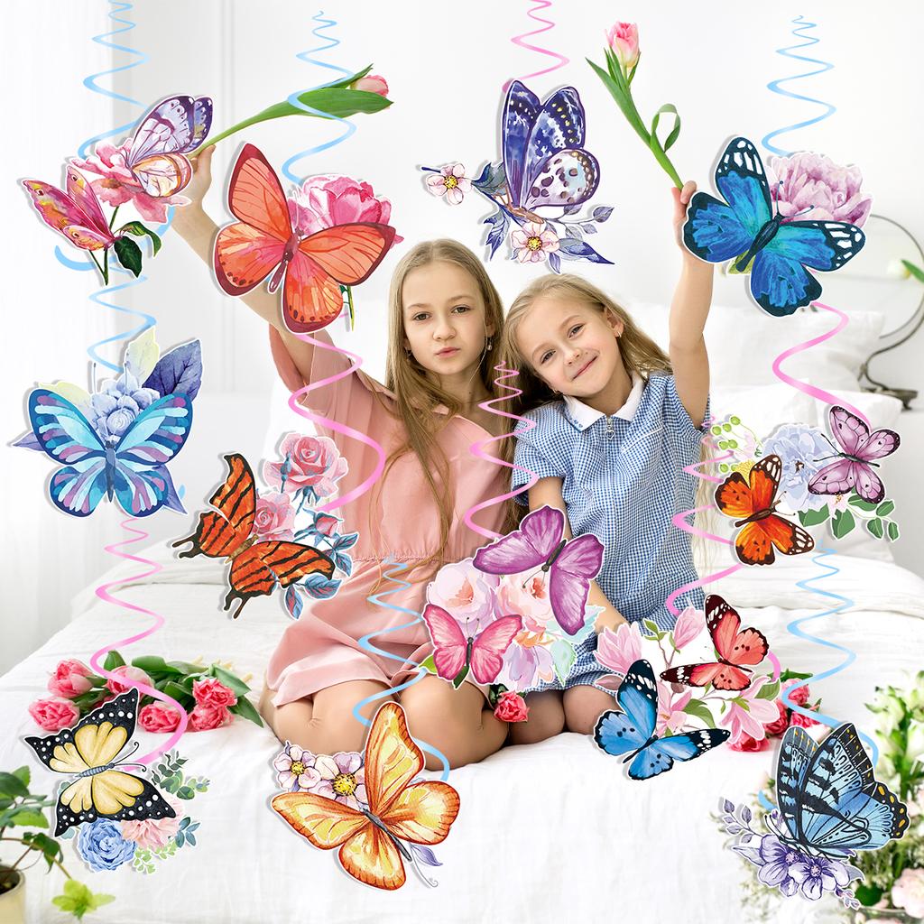12pcs Butterfly Flowers Hanging Swirl Butterfly Party Decor Ceiling Hanging Spiral Kids Girl 1st Birthday Baby Shower Decoration