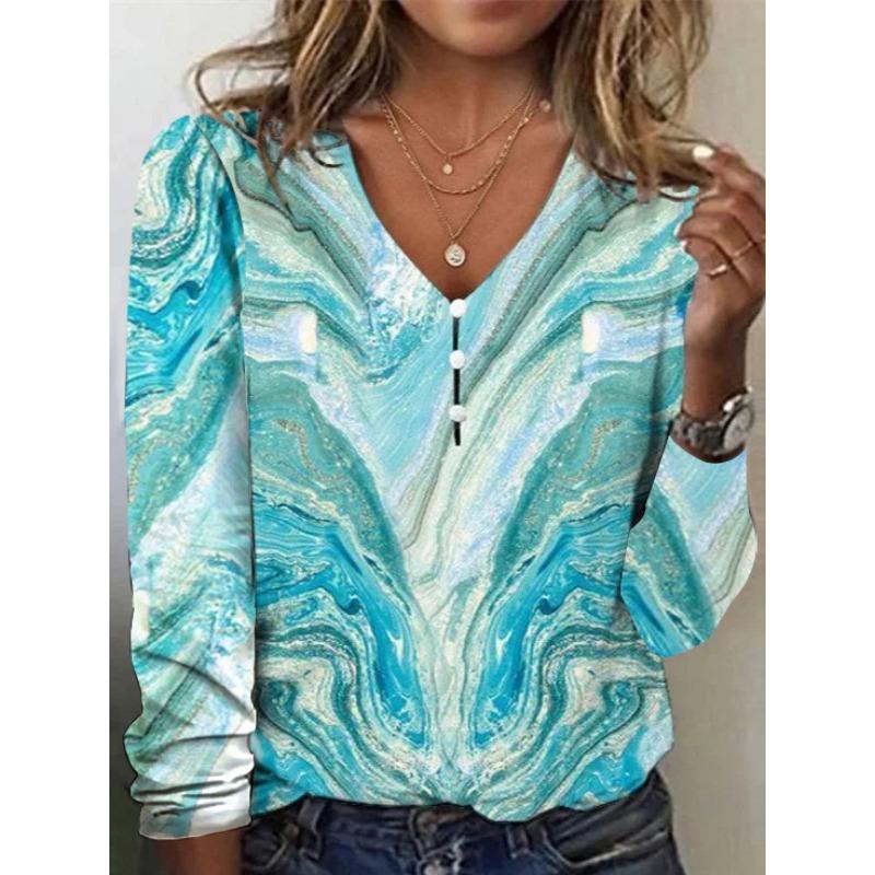 Spring and Autumn Women's Blouse V Collar Star Tie-dye Pearl Buttons Long Sleeve T-shirt