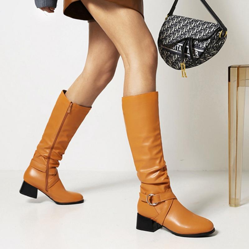 Женские новые горячие продажи сапоги выше колена с пряжкой и круглым носком высокие сапоги женские плиссированные на низком каблуке повседневные кожаные зимние женские сапоги