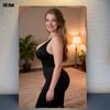 Металлическая табличка с изображением элегантной женщины в черном платье, сценой в помещении, культовой фигурой. Подходит для настенного декора в гостиной.