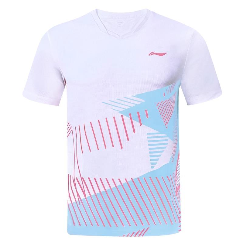 Li-Ning Спортивная футболка с цветными блоками в полоску, быстросохнущая, дышащая, с V-образным вырезом и коротким рукавом, унисекс, топы белого цвета AAYT779