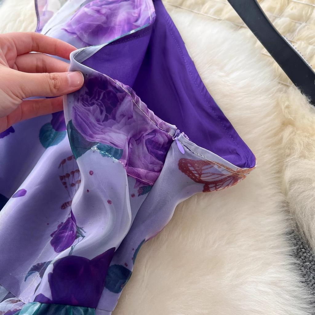 Летнее великолепное платье из органзы с цветочным принтом, женское платье на одно плечо с бантом и цветочным принтом, с высокой талией, в стиле бохо, с длинным разрезом