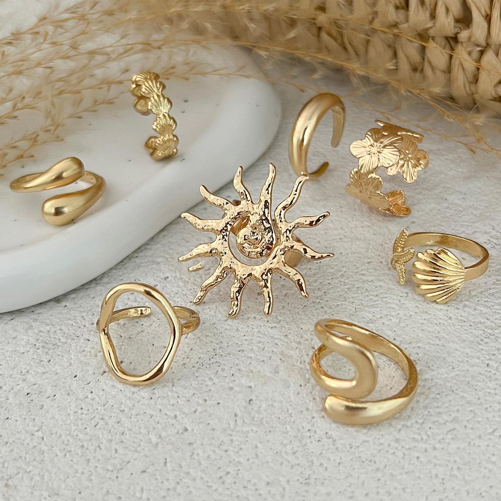 Ingemark 8Pcs/Set Boho Flower Scallop Open Rings for Women Summer Vintage Starfish Adjustable Knuckle Joint Rings Couple Jewelry