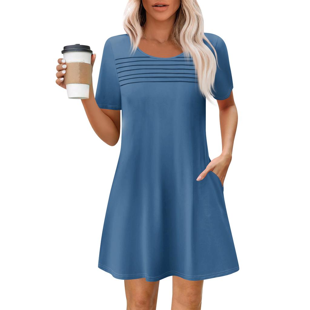 Women's Summer Casual Round Neck Pleated With Pockets Solid Color Short Sleeve Dresses
