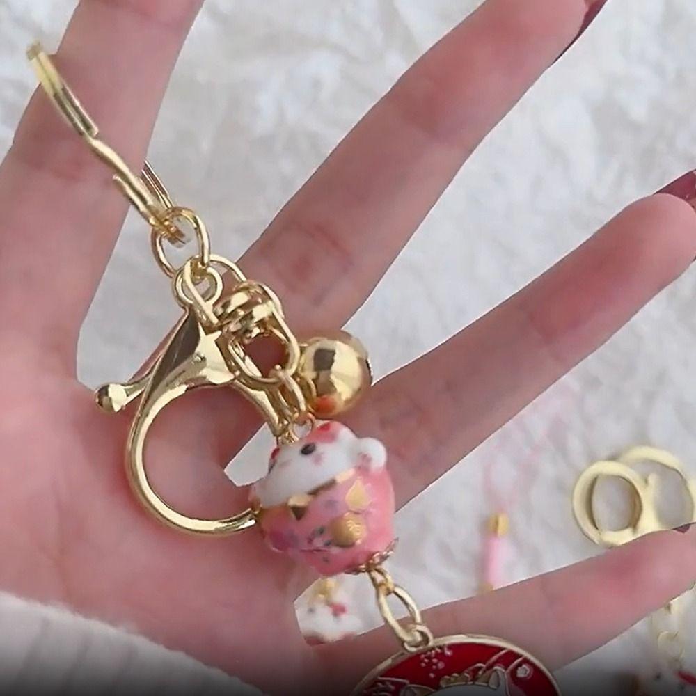 Small Bell Maneki Neko Pendant Japanese Style Car Keyring Cute Ceramic Cat Keychain Children Gifts