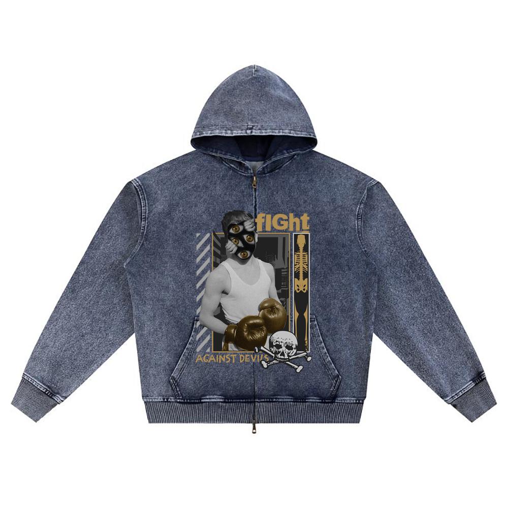 DTG Print Knitted Denim Zip-Up Hoodie Fight Brother Print Zipper Hoodies  