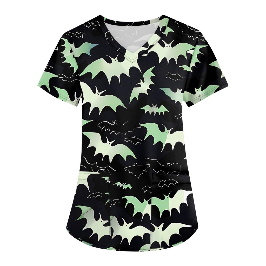 Женская мода V-образным вырезом с короткими рукавами и карманами Топы с принтом на Хэллоуин