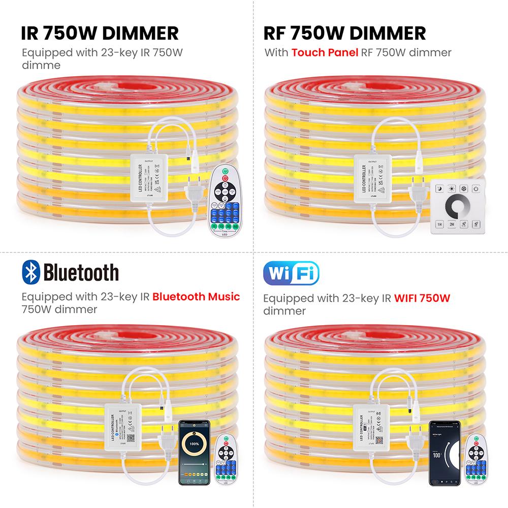 Dimmable COB LED Strip Light 220V Smart Tuya WIFI Adhesive Tape Bluetooth 23key Remote Control Kit 240LED/m Waterproof Flex Lamp