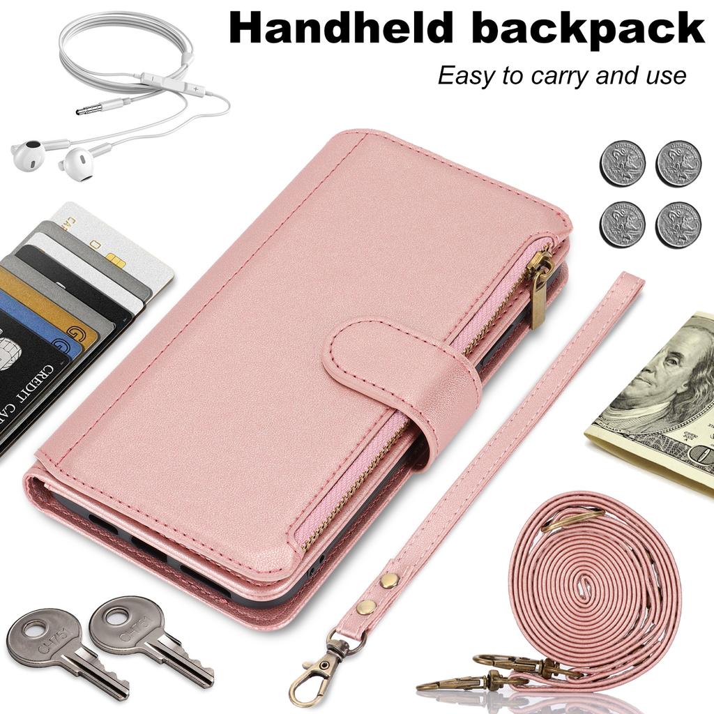 Multi Card Zippered Wallet with Short Hand Rope and Long Hanging Rope Phone Cover Case for iPhone Series/Samsung Series
