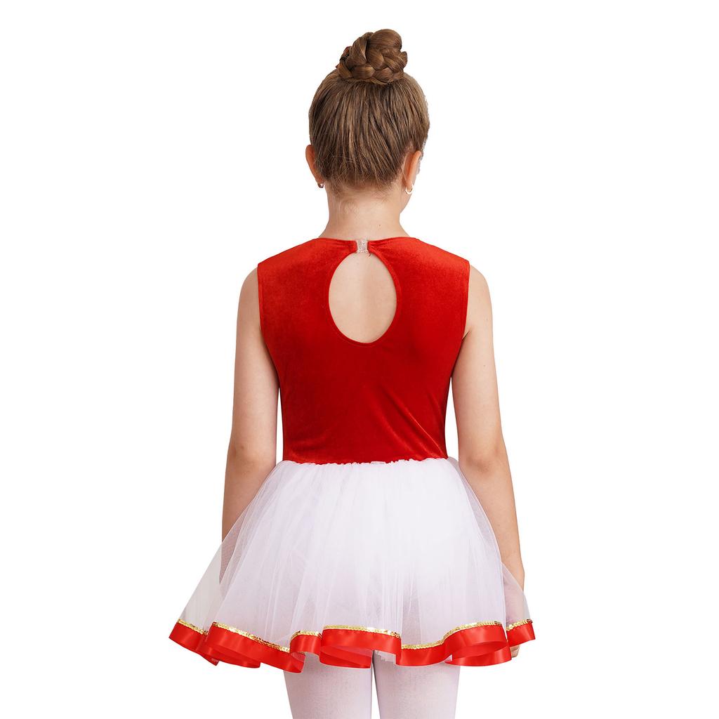 Girls Christmas Dance Dress Sleeveless Keyhole Back Patchwork Bow Sequin Design Leotard Party Costume Santa Theme