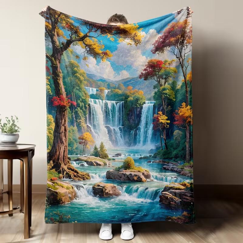 Scenic Forest Waterfall Landscape Blanket Oil Painting Style Nature Print Soft Warm Blanket For Sofa Bedroom Camping Decor