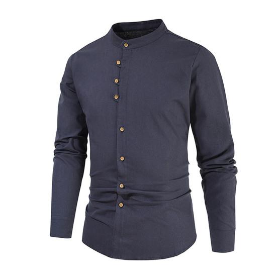 Мужская льняная рубашка, повседневная, с длинным рукавом, на пуговицах, однотонная, мужская, пляжная, с воротником-стойкой, летняя рубашка