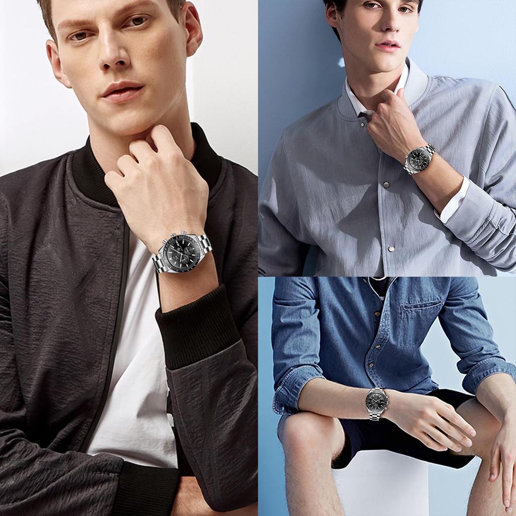 BENYAR AKNIGHT Watch Stylish Watch Watch Luminous Chronograph Fixed Bezel Analog Calendar Arm Watch Waterproof Japanese Quartz Watch Steel Band