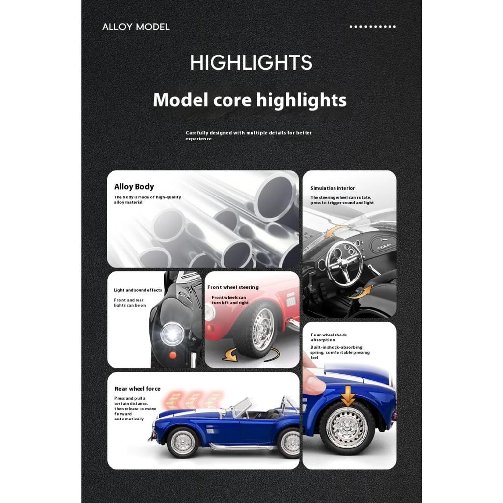 1/22 Ford Cobra Кабриолет Суперкар Модель из Сплава, Изящные Настольные Украшения, Лучшая Коллекция для Энтузиастов Моделей Автомобилей
