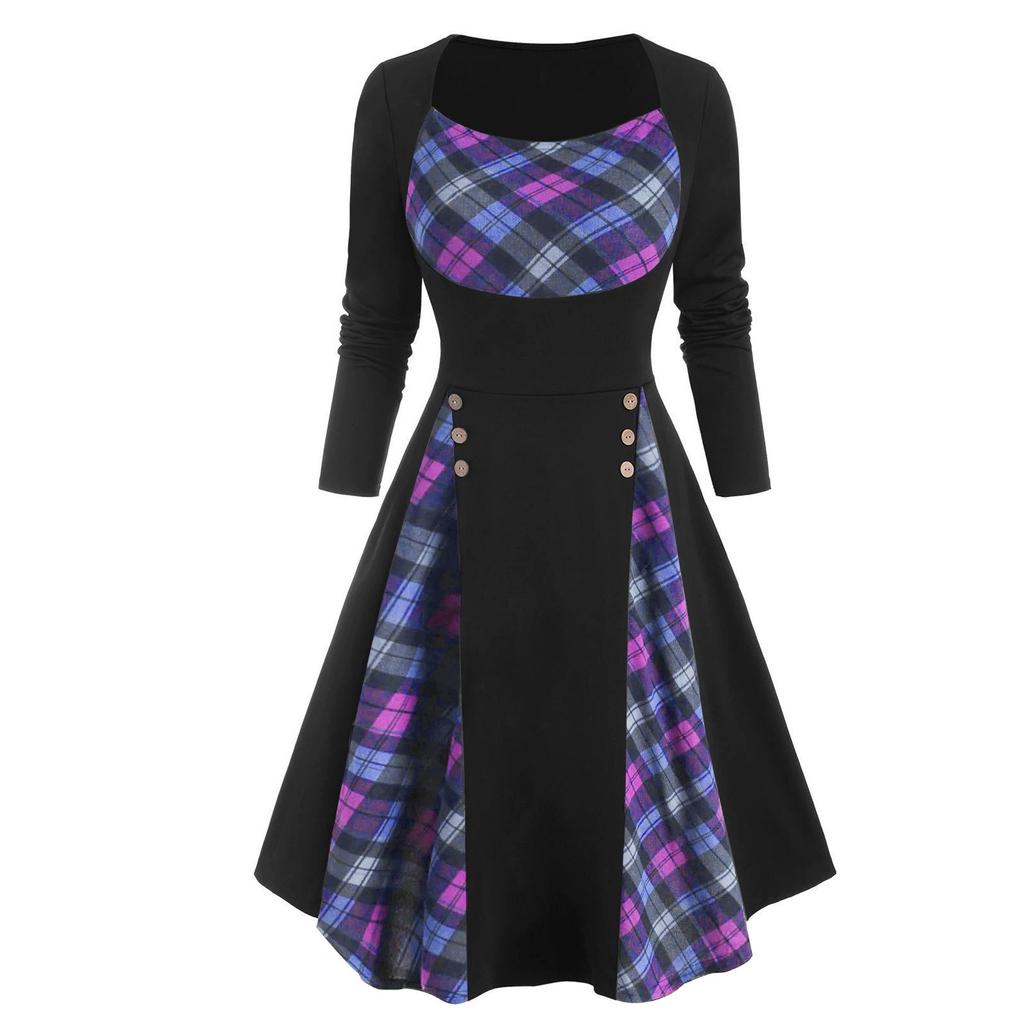 Женское винтажное клетчатое лоскутное платье с длинными рукавами и круглым вырезом на пуговицах