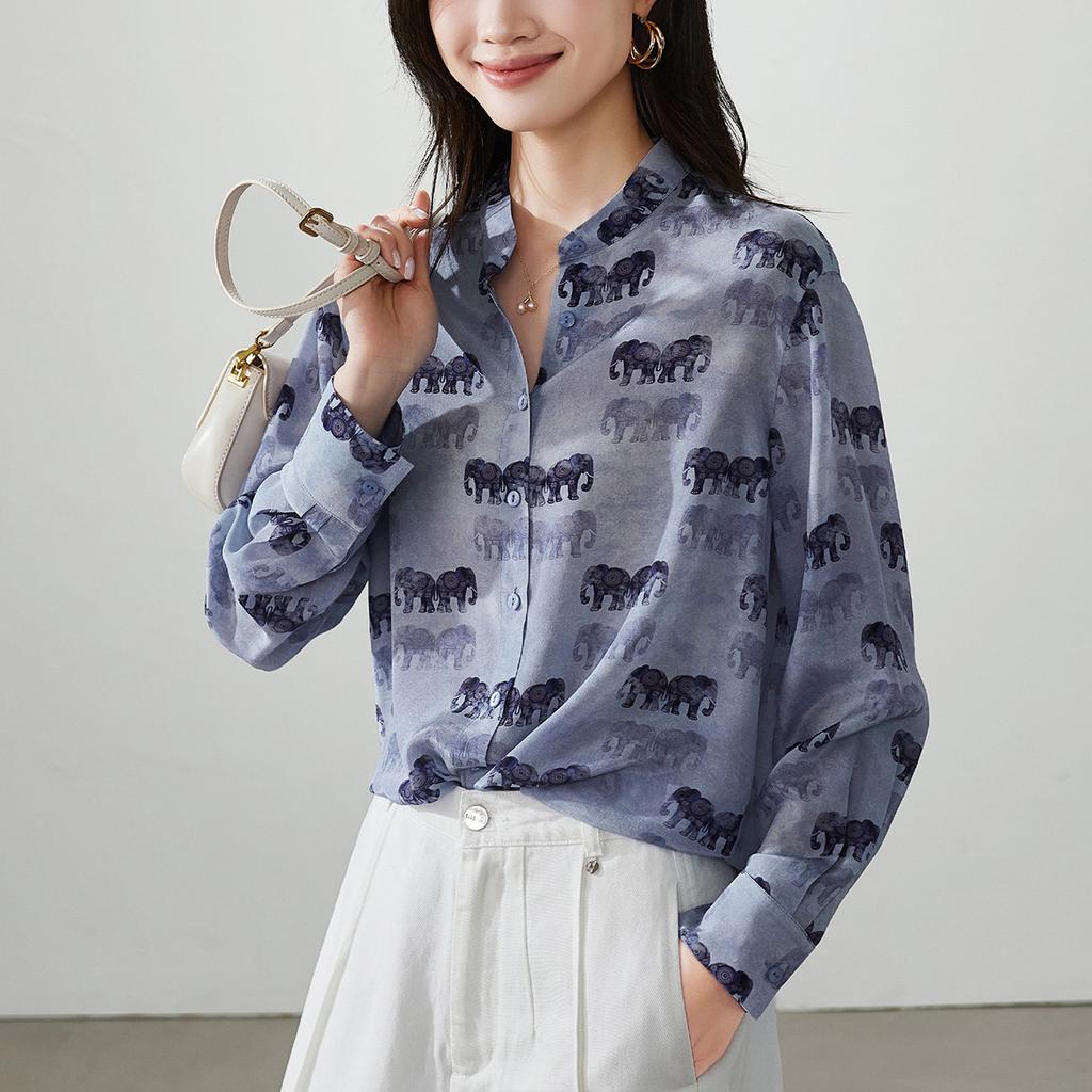 100% mulberry silk printed shirt for women, 2026 spring fashion commuting versatile long sleeved silk shirt