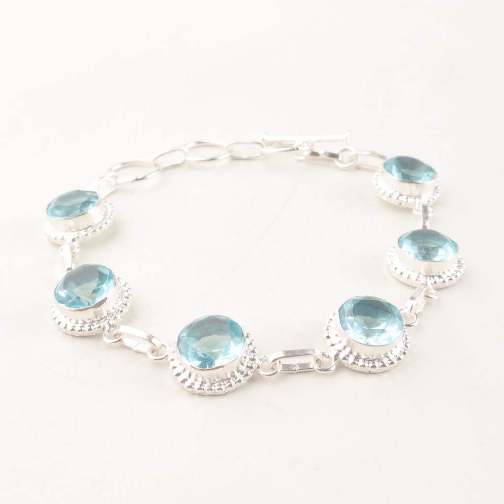 Natural Sky Blue Topaz Gemstone 925 Sterling Silver Boho Jewelry Bracelet 9" RB-9-4