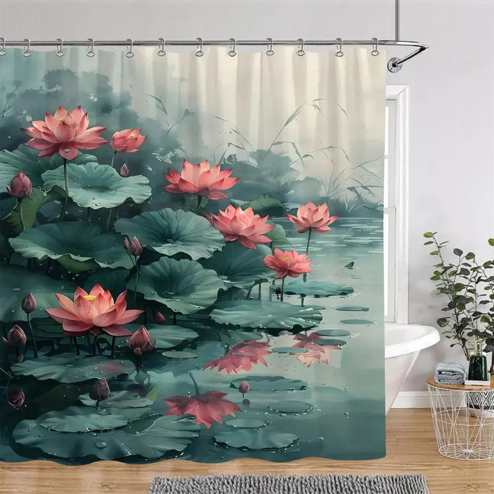 Elegant Lotus Pond Shower Curtain - Traditional Chinese Landscape Design for Modern Bathroom Décor, Waterproof & Easy Care