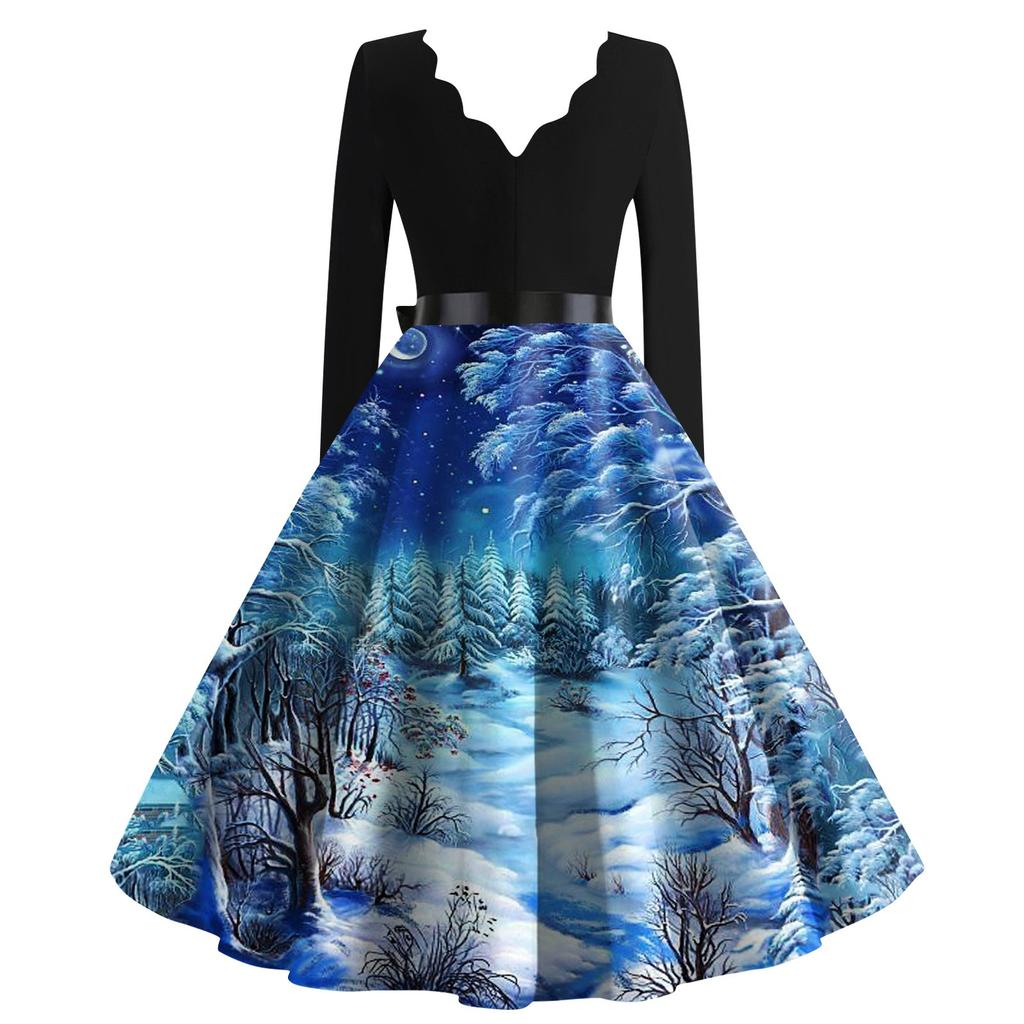 Женские рождественские повседневные модные винтажные платья с v-образным вырезом и длинными рукавами с принтом