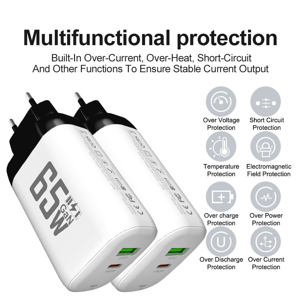 65W GaN Fast Charger: QC 3.0 & PD with 9V/12V for EU/US, Ideal for Laptops & USB Devices