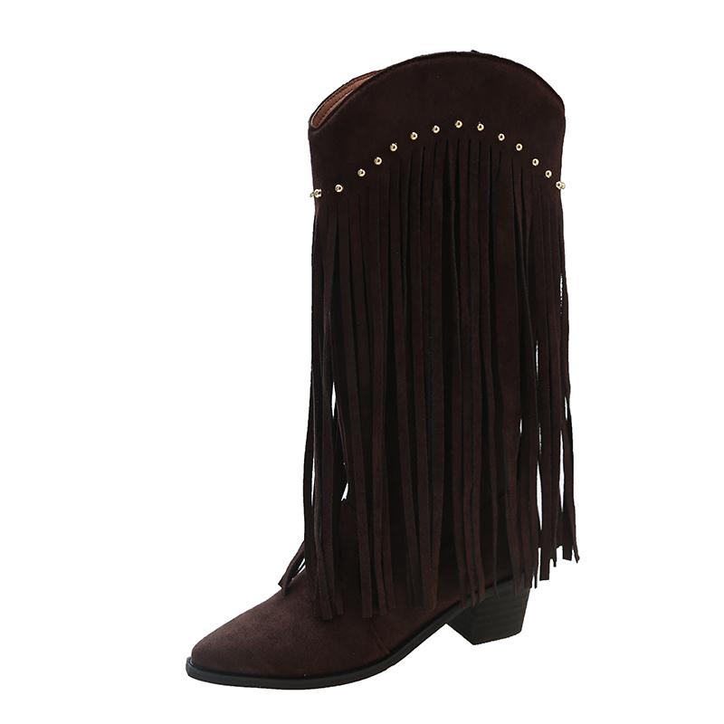 Ladies Knee-high Boots 2024 New Autumn Winter Fashion Women's Fringe Boots Large Size Outdoors Pointed Toe Square Heel Boots