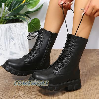 Ботинки Женские 2024 Осень Зима Черная ПУ Кожа Белые Ботильоны Мотоциклетные Ботинес Женские Массивный Каблук Платформа Ботас Мухер