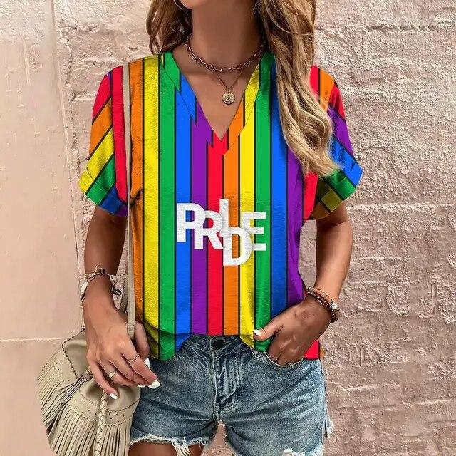 Женская футболка с 3d радужным принтом, топы, модные повседневные футболки с v-образным вырезом, одежда Pride Month, летние женские пуловеры большого размера