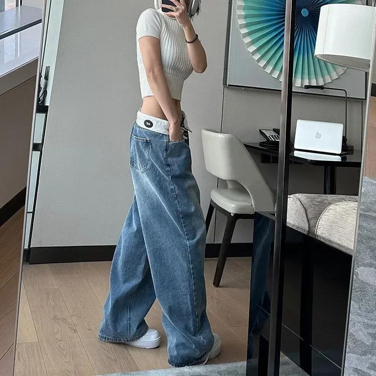 Винтажные джинсы Y2k, женские мешковатые уличные джинсы Kpop Gyaru, широкие синие джинсовые брюки Harajuku, корейские модные джинсы Acubi с высокой талией